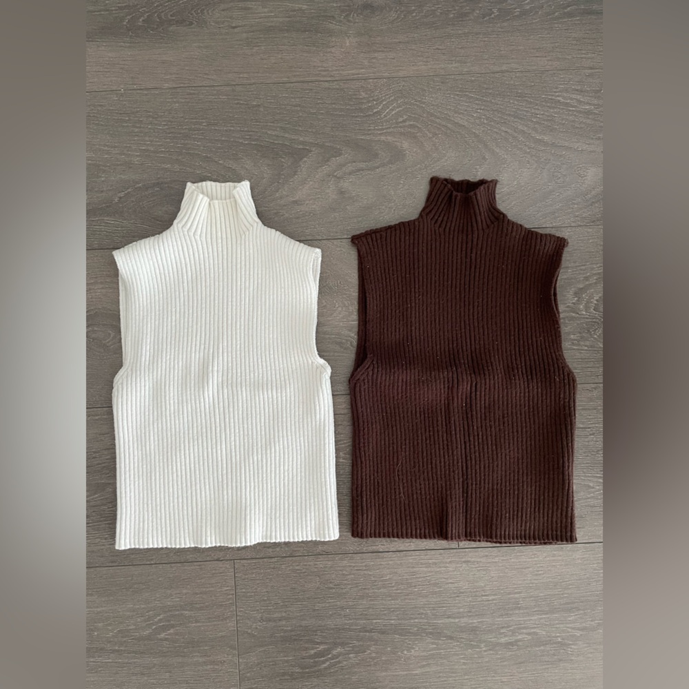 Sleeveless Ribbed Cropped Mock Neck Top - White & Brown